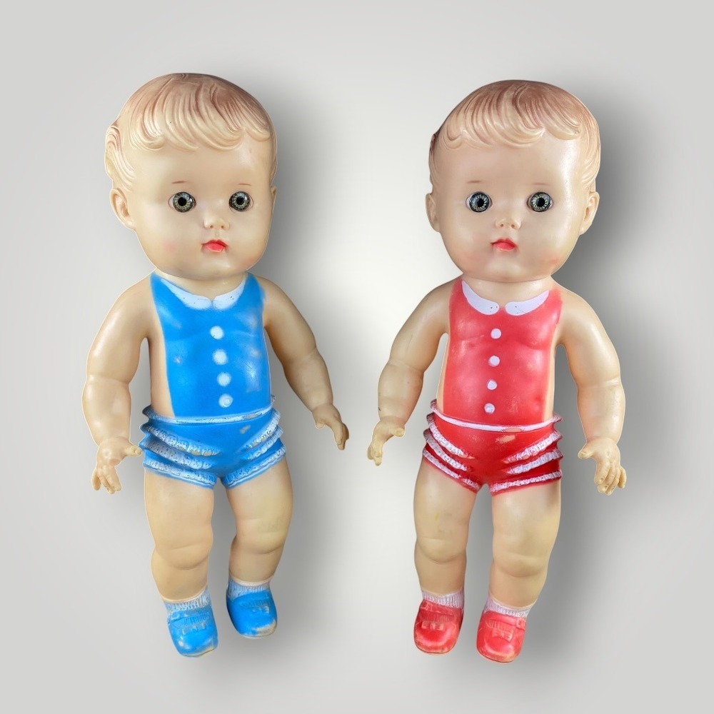 Sun Rubber Baby Dolls Pair 10" Squeaky Rubber Matching Set 1956 in Sunsuits